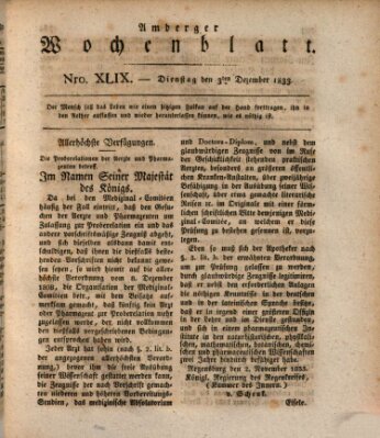 Amberger Wochenblatt (Oberpfälzisches Wochenblat) Dienstag 3. Dezember 1833