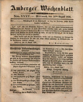 Amberger Wochenblatt (Oberpfälzisches Wochenblat) Mittwoch 31. August 1836