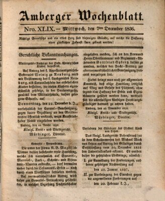 Amberger Wochenblatt (Oberpfälzisches Wochenblat) Mittwoch 7. Dezember 1836