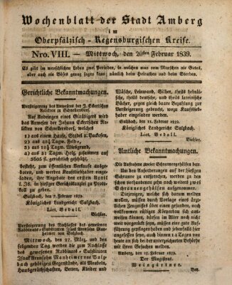 Wochenblatt der Stadt Amberg im Oberpfälzisch-Regensburgischen Kreise (Oberpfälzisches Wochenblat) Mittwoch 20. Februar 1839