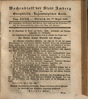 Wochenblatt der Stadt Amberg im Oberpfälzisch-Regensburgischen Kreise (Oberpfälzisches Wochenblat) Mittwoch 7. August 1839