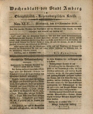 Wochenblatt der Stadt Amberg im Oberpfälzisch-Regensburgischen Kreise (Oberpfälzisches Wochenblat) Mittwoch 6. November 1839