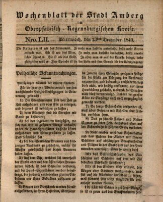 Wochenblatt der Stadt Amberg im Oberpfälzisch-Regensburgischen Kreise (Oberpfälzisches Wochenblat) Mittwoch 23. Dezember 1840