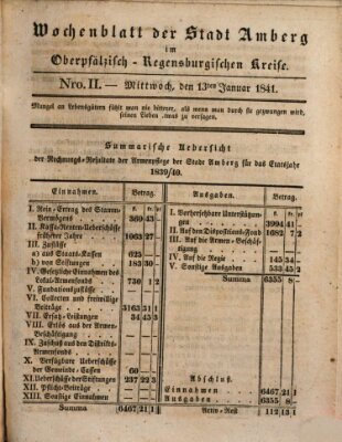 Wochenblatt der Stadt Amberg im Oberpfälzisch-Regensburgischen Kreise (Oberpfälzisches Wochenblat) Mittwoch 13. Januar 1841