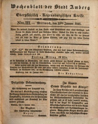 Wochenblatt der Stadt Amberg im Oberpfälzisch-Regensburgischen Kreise (Oberpfälzisches Wochenblat) Mittwoch 20. Januar 1841