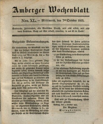 Amberger Wochenblatt (Oberpfälzisches Wochenblat) Mittwoch 7. Oktober 1835