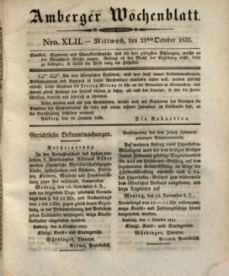 Amberger Wochenblatt (Oberpfälzisches Wochenblat) Mittwoch 21. Oktober 1835