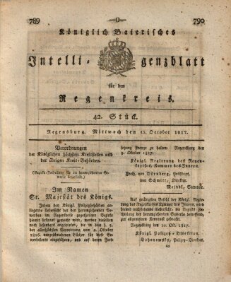 Königlich-baierisches Intelligenzblatt für den Regen-Kreis (Königlich bayerisches Intelligenzblatt für die Oberpfalz und von Regensburg) Mittwoch 15. Oktober 1817