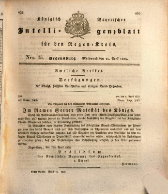 Königlich-baierisches Intelligenzblatt für den Regen-Kreis (Königlich bayerisches Intelligenzblatt für die Oberpfalz und von Regensburg) Mittwoch 15. April 1835