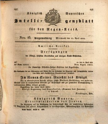 Königlich-baierisches Intelligenzblatt für den Regen-Kreis (Königlich bayerisches Intelligenzblatt für die Oberpfalz und von Regensburg) Mittwoch 22. April 1835