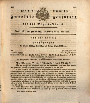 Königlich-baierisches Intelligenzblatt für den Regen-Kreis (Königlich bayerisches Intelligenzblatt für die Oberpfalz und von Regensburg) Mittwoch 29. April 1835