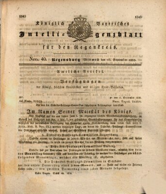 Königlich-baierisches Intelligenzblatt für den Regen-Kreis (Königlich bayerisches Intelligenzblatt für die Oberpfalz und von Regensburg) Mittwoch 16. September 1835