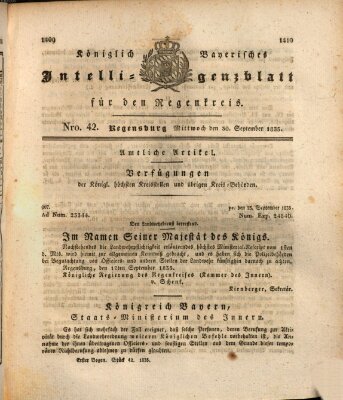 Königlich-baierisches Intelligenzblatt für den Regen-Kreis (Königlich bayerisches Intelligenzblatt für die Oberpfalz und von Regensburg) Mittwoch 30. September 1835