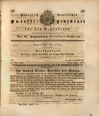 Königlich-baierisches Intelligenzblatt für den Regen-Kreis (Königlich bayerisches Intelligenzblatt für die Oberpfalz und von Regensburg) Mittwoch 18. November 1835