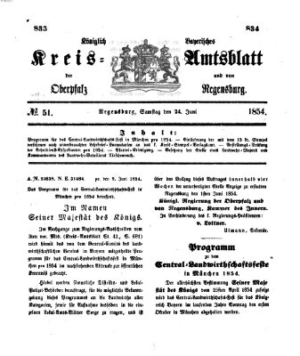 Königlich-bayerisches Kreis-Amtsblatt der Oberpfalz und von Regensburg (Königlich bayerisches Intelligenzblatt für die Oberpfalz und von Regensburg) Samstag 24. Juni 1854