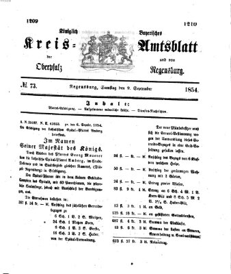 Königlich-bayerisches Kreis-Amtsblatt der Oberpfalz und von Regensburg (Königlich bayerisches Intelligenzblatt für die Oberpfalz und von Regensburg) Samstag 9. September 1854