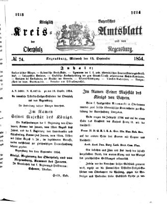 Königlich-bayerisches Kreis-Amtsblatt der Oberpfalz und von Regensburg (Königlich bayerisches Intelligenzblatt für die Oberpfalz und von Regensburg) Mittwoch 13. September 1854