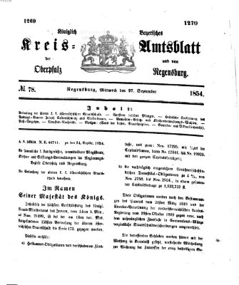 Königlich-bayerisches Kreis-Amtsblatt der Oberpfalz und von Regensburg (Königlich bayerisches Intelligenzblatt für die Oberpfalz und von Regensburg) Mittwoch 27. September 1854