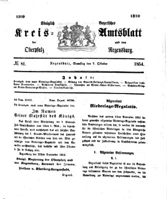 Königlich-bayerisches Kreis-Amtsblatt der Oberpfalz und von Regensburg (Königlich bayerisches Intelligenzblatt für die Oberpfalz und von Regensburg) Samstag 7. Oktober 1854