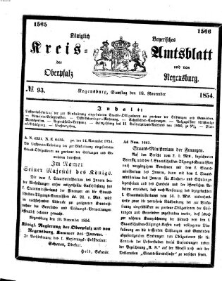 Königlich-bayerisches Kreis-Amtsblatt der Oberpfalz und von Regensburg (Königlich bayerisches Intelligenzblatt für die Oberpfalz und von Regensburg) Samstag 18. November 1854