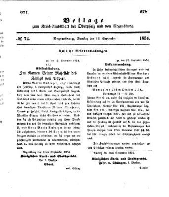 Königlich-bayerisches Kreis-Amtsblatt der Oberpfalz und von Regensburg (Königlich bayerisches Intelligenzblatt für die Oberpfalz und von Regensburg) Samstag 16. September 1854