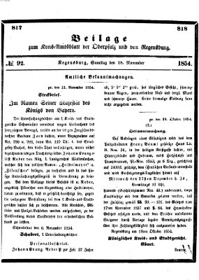 Königlich-bayerisches Kreis-Amtsblatt der Oberpfalz und von Regensburg (Königlich bayerisches Intelligenzblatt für die Oberpfalz und von Regensburg) Samstag 18. November 1854