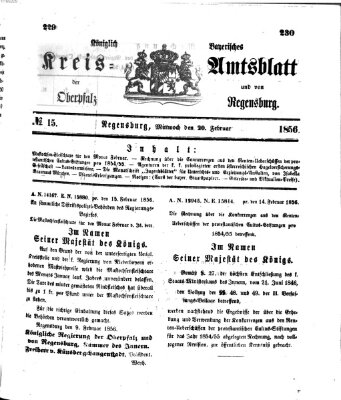 Königlich-bayerisches Kreis-Amtsblatt der Oberpfalz und von Regensburg (Königlich bayerisches Intelligenzblatt für die Oberpfalz und von Regensburg) Mittwoch 20. Februar 1856