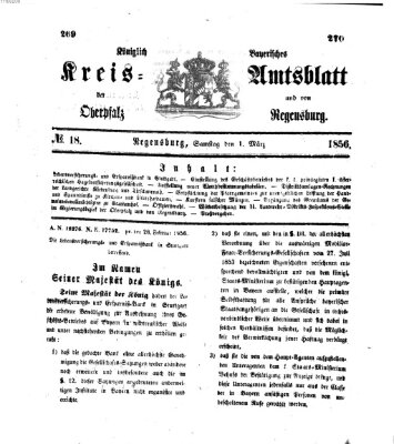 Königlich-bayerisches Kreis-Amtsblatt der Oberpfalz und von Regensburg (Königlich bayerisches Intelligenzblatt für die Oberpfalz und von Regensburg) Samstag 1. März 1856