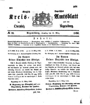 Königlich-bayerisches Kreis-Amtsblatt der Oberpfalz und von Regensburg (Königlich bayerisches Intelligenzblatt für die Oberpfalz und von Regensburg) Samstag 15. März 1856