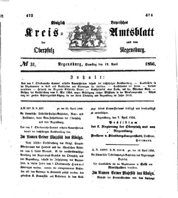 Königlich-bayerisches Kreis-Amtsblatt der Oberpfalz und von Regensburg (Königlich bayerisches Intelligenzblatt für die Oberpfalz und von Regensburg) Samstag 12. April 1856