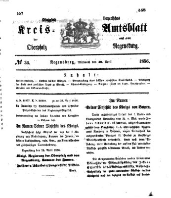 Königlich-bayerisches Kreis-Amtsblatt der Oberpfalz und von Regensburg (Königlich bayerisches Intelligenzblatt für die Oberpfalz und von Regensburg) Mittwoch 30. April 1856