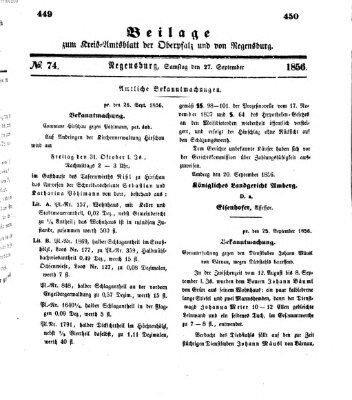 Königlich-bayerisches Kreis-Amtsblatt der Oberpfalz und von Regensburg (Königlich bayerisches Intelligenzblatt für die Oberpfalz und von Regensburg) Samstag 27. September 1856