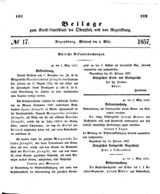 Königlich-bayerisches Kreis-Amtsblatt der Oberpfalz und von Regensburg (Königlich bayerisches Intelligenzblatt für die Oberpfalz und von Regensburg) Mittwoch 4. März 1857