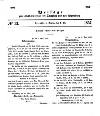 Königlich-bayerisches Kreis-Amtsblatt der Oberpfalz und von Regensburg (Königlich bayerisches Intelligenzblatt für die Oberpfalz und von Regensburg) Samstag 2. Mai 1857