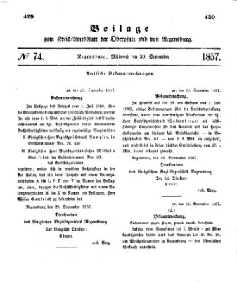 Königlich-bayerisches Kreis-Amtsblatt der Oberpfalz und von Regensburg (Königlich bayerisches Intelligenzblatt für die Oberpfalz und von Regensburg) Mittwoch 30. September 1857