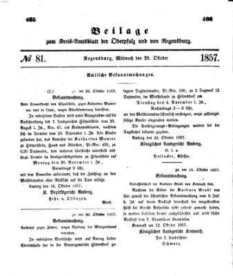 Königlich-bayerisches Kreis-Amtsblatt der Oberpfalz und von Regensburg (Königlich bayerisches Intelligenzblatt für die Oberpfalz und von Regensburg) Mittwoch 28. Oktober 1857