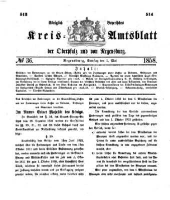 Königlich-bayerisches Kreis-Amtsblatt der Oberpfalz und von Regensburg (Königlich bayerisches Intelligenzblatt für die Oberpfalz und von Regensburg) Samstag 1. Mai 1858