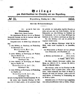 Königlich-bayerisches Kreis-Amtsblatt der Oberpfalz und von Regensburg (Königlich bayerisches Intelligenzblatt für die Oberpfalz und von Regensburg) Samstag 1. Mai 1858