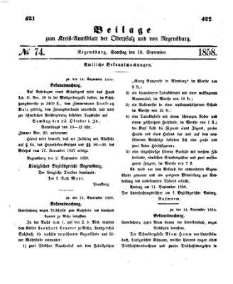 Königlich-bayerisches Kreis-Amtsblatt der Oberpfalz und von Regensburg (Königlich bayerisches Intelligenzblatt für die Oberpfalz und von Regensburg) Samstag 18. September 1858