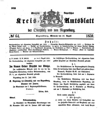 Königlich-bayerisches Kreis-Amtsblatt der Oberpfalz und von Regensburg (Königlich bayerisches Intelligenzblatt für die Oberpfalz und von Regensburg) Mittwoch 10. August 1859