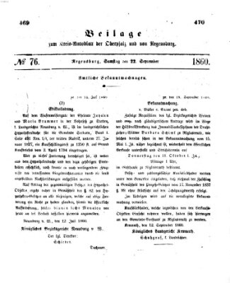 Königlich-bayerisches Kreis-Amtsblatt der Oberpfalz und von Regensburg (Königlich bayerisches Intelligenzblatt für die Oberpfalz und von Regensburg) Samstag 22. September 1860