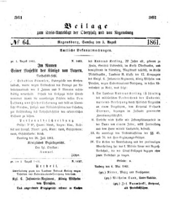 Königlich-bayerisches Kreis-Amtsblatt der Oberpfalz und von Regensburg (Königlich bayerisches Intelligenzblatt für die Oberpfalz und von Regensburg) Samstag 3. August 1861