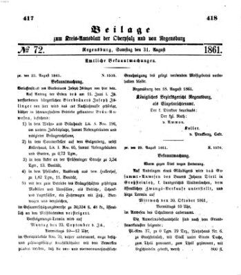Königlich-bayerisches Kreis-Amtsblatt der Oberpfalz und von Regensburg (Königlich bayerisches Intelligenzblatt für die Oberpfalz und von Regensburg) Samstag 31. August 1861