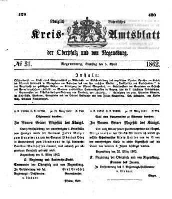 Königlich-bayerisches Kreis-Amtsblatt der Oberpfalz und von Regensburg (Königlich bayerisches Intelligenzblatt für die Oberpfalz und von Regensburg) Samstag 5. April 1862