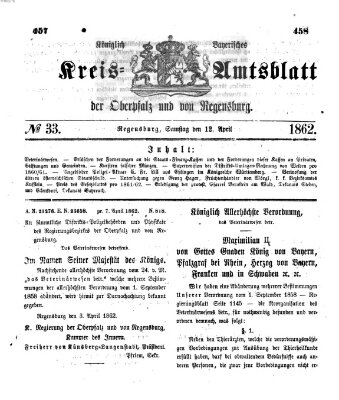 Königlich-bayerisches Kreis-Amtsblatt der Oberpfalz und von Regensburg (Königlich bayerisches Intelligenzblatt für die Oberpfalz und von Regensburg) Samstag 12. April 1862