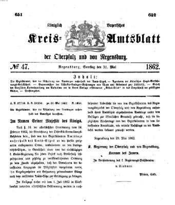 Königlich-bayerisches Kreis-Amtsblatt der Oberpfalz und von Regensburg (Königlich bayerisches Intelligenzblatt für die Oberpfalz und von Regensburg) Samstag 31. Mai 1862