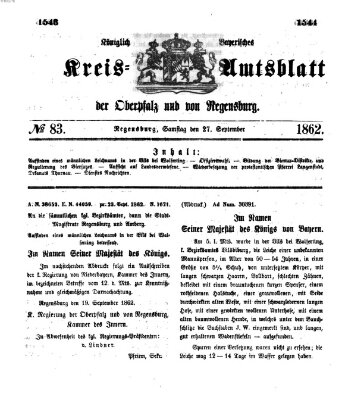 Königlich-bayerisches Kreis-Amtsblatt der Oberpfalz und von Regensburg (Königlich bayerisches Intelligenzblatt für die Oberpfalz und von Regensburg) Samstag 27. September 1862