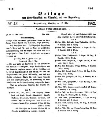 Königlich-bayerisches Kreis-Amtsblatt der Oberpfalz und von Regensburg (Königlich bayerisches Intelligenzblatt für die Oberpfalz und von Regensburg) Samstag 17. Mai 1862