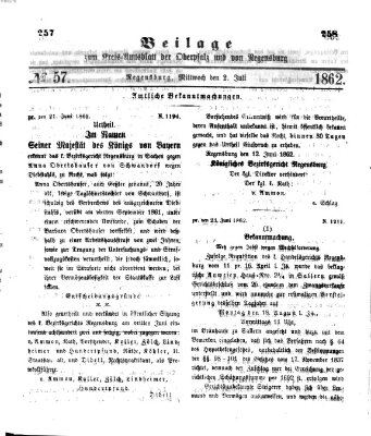 Königlich-bayerisches Kreis-Amtsblatt der Oberpfalz und von Regensburg (Königlich bayerisches Intelligenzblatt für die Oberpfalz und von Regensburg) Mittwoch 2. Juli 1862