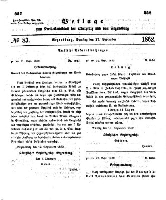 Königlich-bayerisches Kreis-Amtsblatt der Oberpfalz und von Regensburg (Königlich bayerisches Intelligenzblatt für die Oberpfalz und von Regensburg) Samstag 27. September 1862